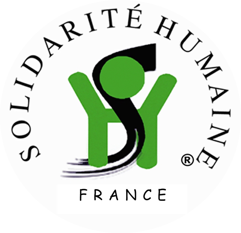 Logo de l'association Solidarité Humaine de France. Une personne schématisée de couleur verte lève les bras.